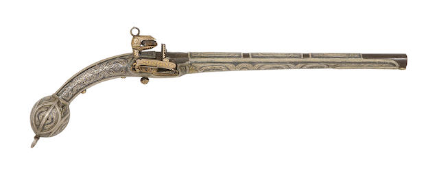 A Caucasian 20-Bore Miquelet-Lock Pistol With Nielloed Silver-Gilt Mounts