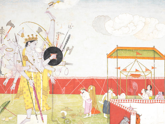 A folio from a Bhagavata Purana series: Vishnu, as Vamana Avatar, visits Mahabali, and then becomes Trivikrama Attributed to the first generation after Manaku and Nainsukh of Guler, circa 1780-90