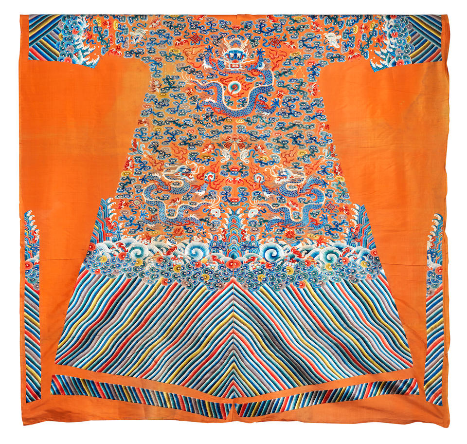 An uncut silk double-sided apricot yellow-ground 'nine dragons' robe Mid 19th century