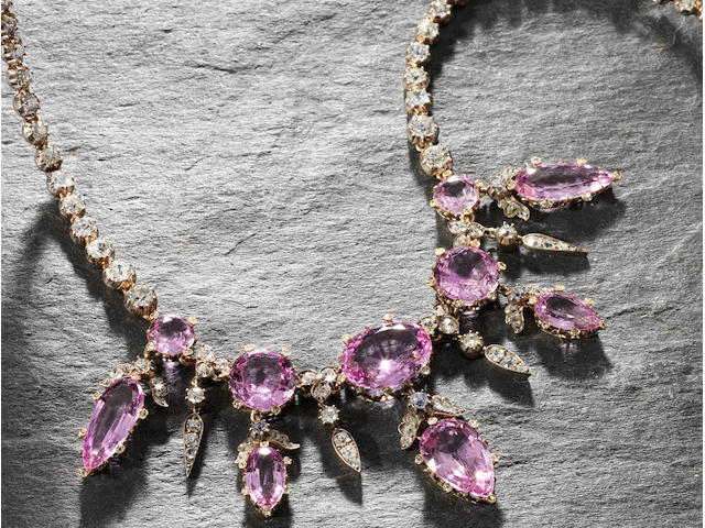 A 19th century pink topaz and diamond necklace