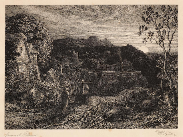 Samuel Palmer (British, 1805-1881) The Bellman Etching, 1879, a fine impression of the fifth state of six, with the Remarque of a branch in the lower right margin, on laid, signed in pencil, one of 60 impressions published by the Fine Art Society, with their stamp in the lower left margin, with wide margins, 190 x 250mm (7 1/2 x 9 7/8in)(PL)