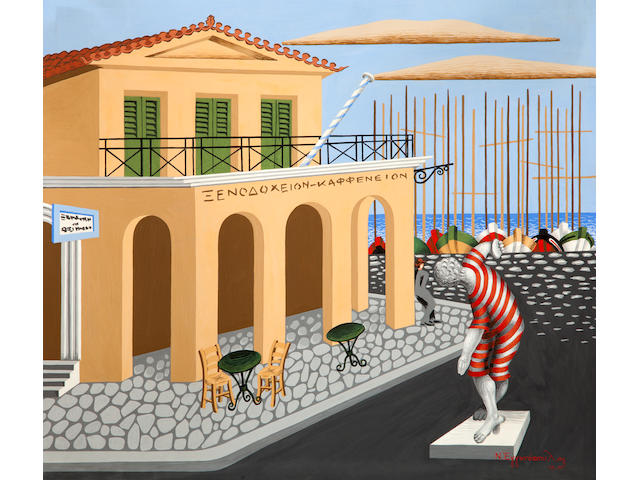 Nikos Engonopoulos (Greek, 1910-1985) House in Piraeus with clothed statue / 'Hotel-Cafeneion' 38.5 x 43.5 cm.