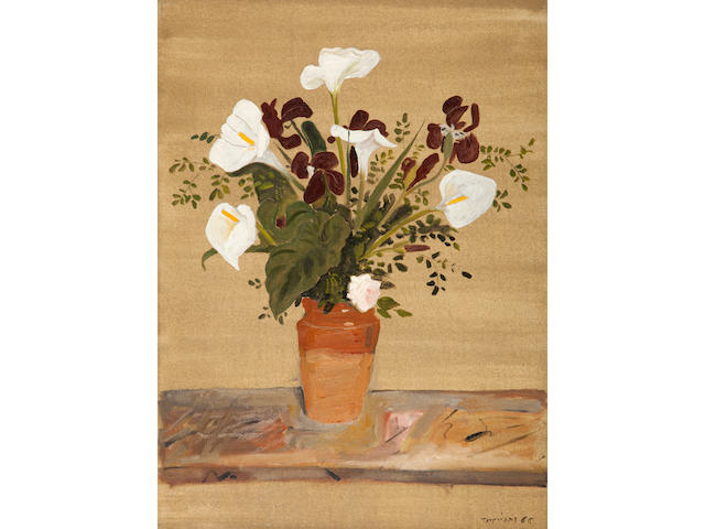 Yiannis Tsarouchis (Greek, 1910-1989) Arum Lillies, Irises and a rose in a terracotta vase 75.3 x 55 cm.