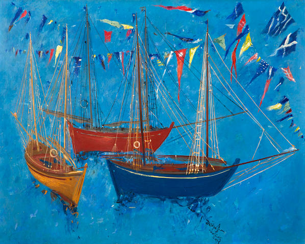Spyros Vassiliou (Greek, 1902/3-1984) Marine celebration 65 x 81.5 cm.