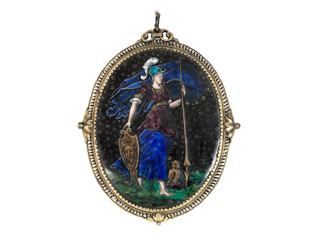 Workshop of Suzanne de Court (French, active 1575&#8211;1625):A Limoges enamel and gilt metal mounted oval hand mirror depicting a scene of Minerva