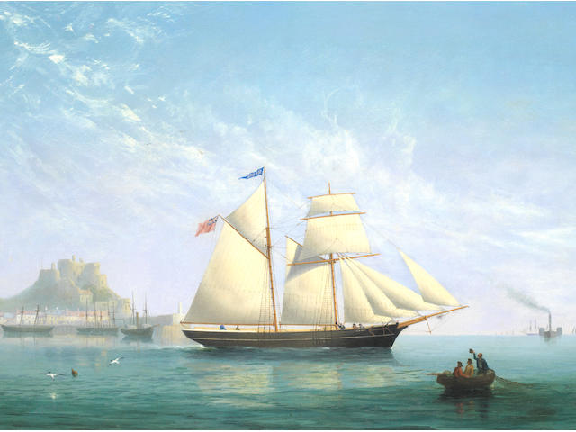 Philip John Ouless (Jersey, 1817-1885) The Jersey trading schooner Sea Bird heading out from Gorey Harbour, Jersey, with Mont Orgueil Castle beyond