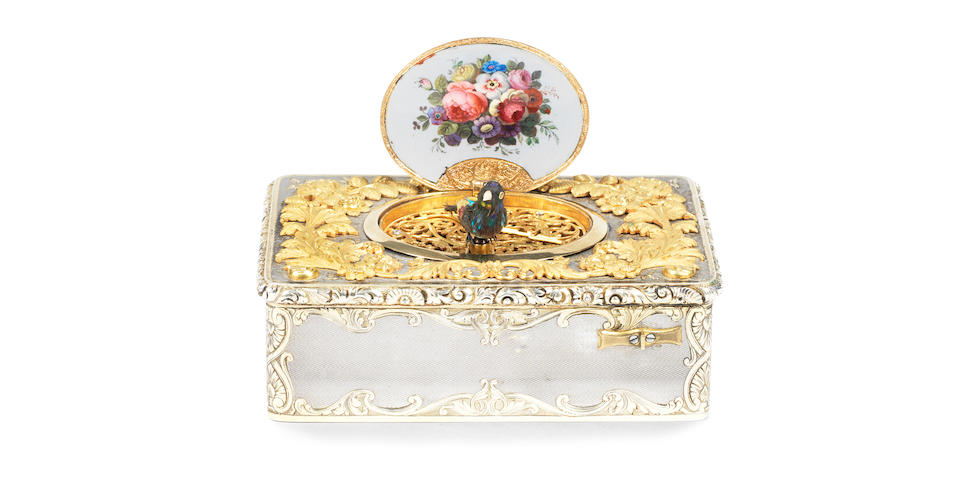 A fine Charles Bruguier silver and silver-gilt singing bird box,  Swiss, circa 1825,