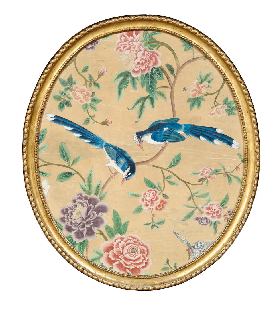 A pair of export 'birds and peonies' paintings 18th century