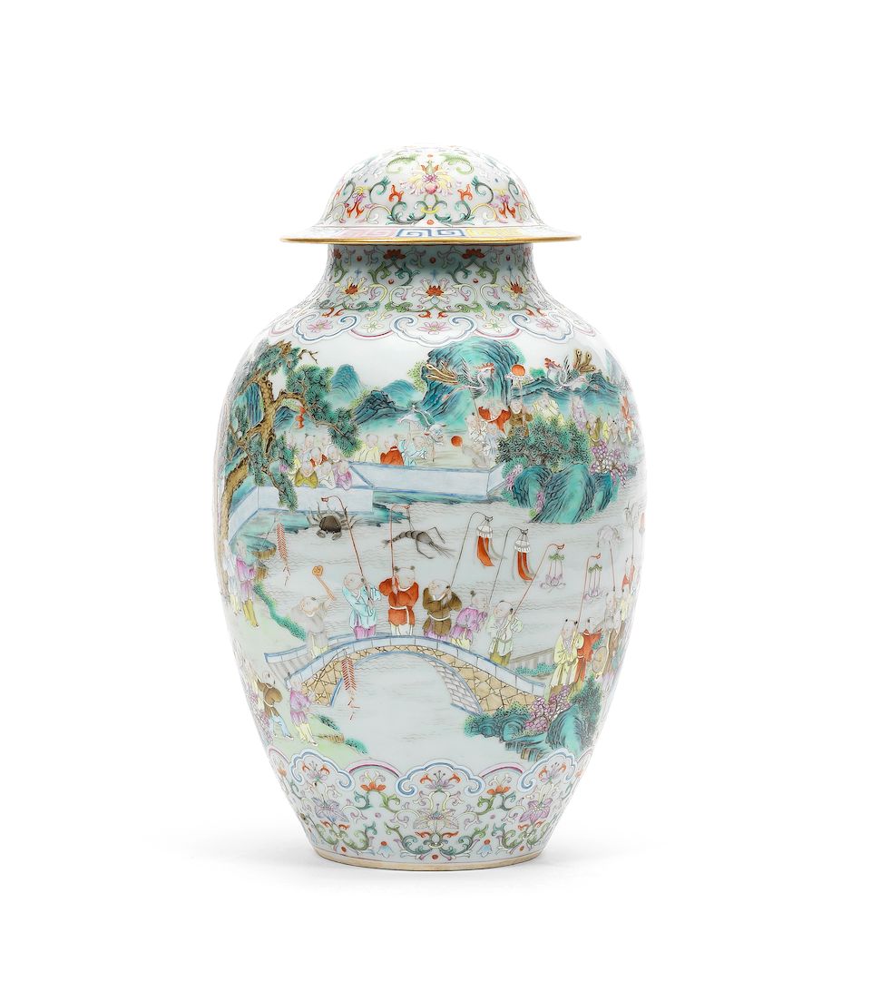 A rare famille rose 'hundred boys' vase and cover Iron-red Qianlong seal mark and of the period (2)