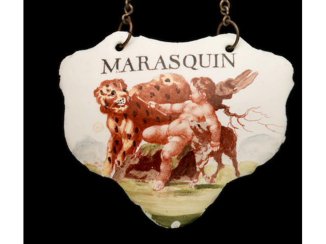 A rare Battersea enamel bottle ticket for 'Marasquin', circa 1753-56
