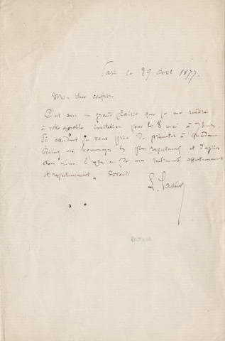 PASTEUR (LOUIS) Autograph letter signed ("L. Pasteur"), to "Mon cher confr&#232;re", accepting his invitation for 8 May at 7 with great pleasure, Paris, 29 April 1877