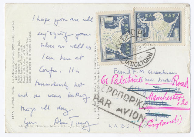 TURING (ALAN) Autograph postcard signed ("Alan Turing"), to the Greenbaum family ("Frau Dr F.M. Greenbaum (und Kinder)"), sent from his Club Mediterran&#233;e holiday on Corfu, postmarked 23 July 1953
