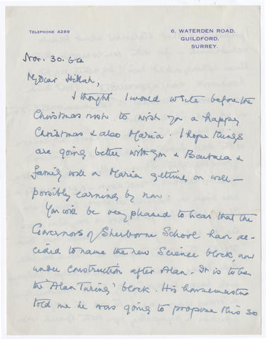 TURING (SARA) Six autograph letters signed ("E. Sara Turing", "Sara Turing" and "Sara"), to Hilla, widow of her son Alan's Jungian analyst Franz Greenbaum, Waterden Road, Guildford, 1964-1973
