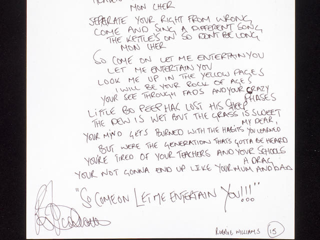 A set of handwritten lyrics for Let Me Entertain You,