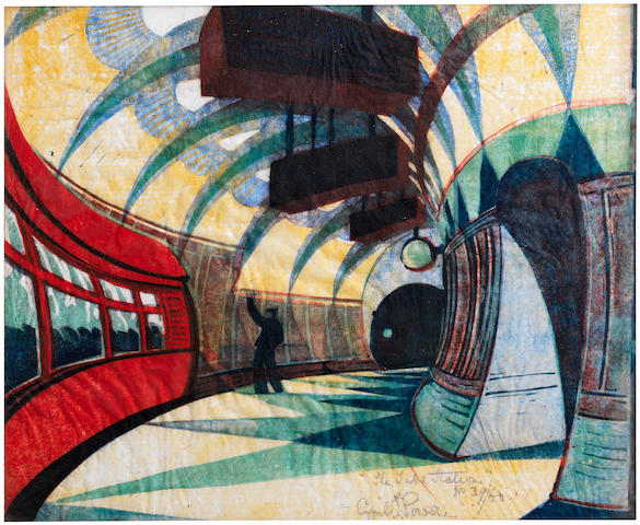 Cyril Edward Power (British, 1872-1951) The Tube Station Linocut printed in yellow ochre, spectrum red, permanent blue, viridian and Chinese blue, circa 1932, on oriental laid tissue, signed, titled and numbered 39/60 in pencil, with margins, 258 x 295mm (10 x 11 5/8in)(B)