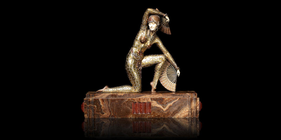 Demetre Chiparus (1886-1947) 'Kneeling Fan Dancer' a Gilt Bronze and Carved Ivory Figure of a Dancer, circa 1925