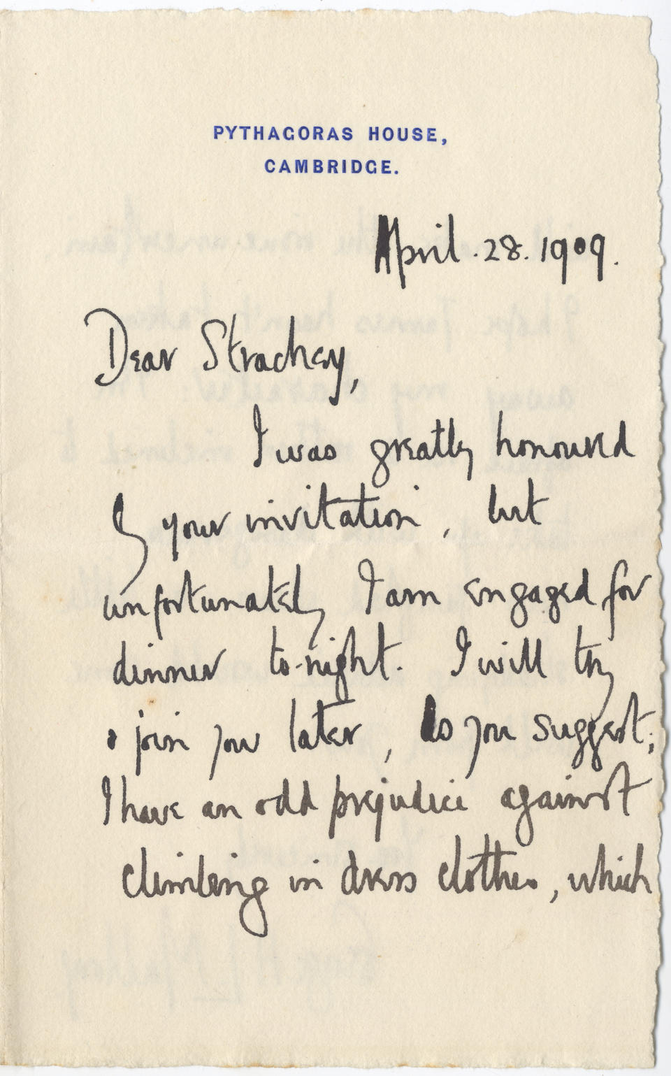 MALLORY (GEORGE LEIGH) Series of thirty-four autograph letters and cards, all but one signed, to Lytton Strachey; together with a black-edged memorial envelope with his name painted [by Dora Carrington], St John's Vicarage, Birkenhead, Pythagoras House and The Old Lodge Magdalene College, Cambridge, Charterhouse, Haileybury, Dartmouth, Camberley, Paris, Roquebrune, Valentia Harbour, and SS Sardinia nearing Colombo, 1909-1921
