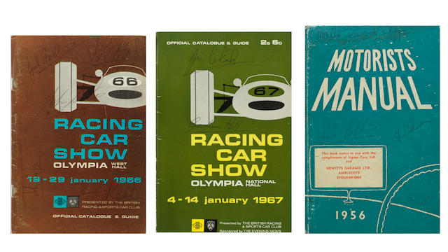 Two Racing Car Show catalogues signed by Formula 1 World Champions, 1966-67, ((3))