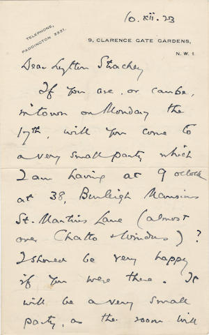 ELIOT (T.S.) Autograph letter signed ("T.S.E."), to "Dear Lytton Strachey", inviting him to write, as lead author, for the Criterion, 10 December 1923