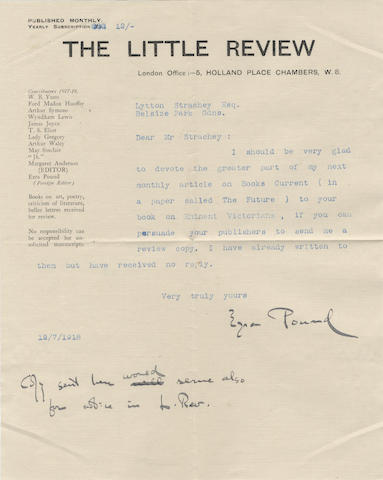 POUND (EZRA) Two typed letters signed ("Ezra Pound"), to Lytton Strachey ("Dear Lytton Strachey" and "Dear Strachey"), about Eminent Victorians: Holland Place Chambers, 12 July and 30 October 1918