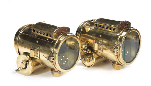A pair of "Dreadnought" self generating acetylene headlamps by Alfred Dunhill, registered design 1909,   ((2))