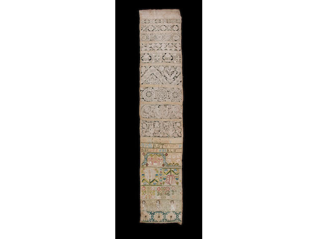A mid-late 17th century embroidered and lace band sampler