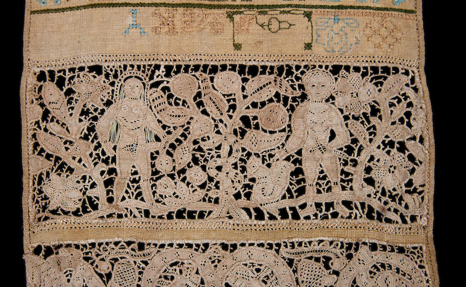 A mid-late 17th century embroidered and lace band sampler