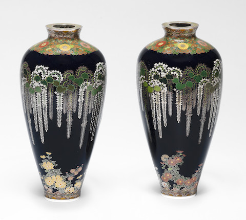 An important and fine pair of matching cloisonné-enamel ovoid vases  By Namikawa Yasuyuki (1845-1927), circa 1897 (4) image 1