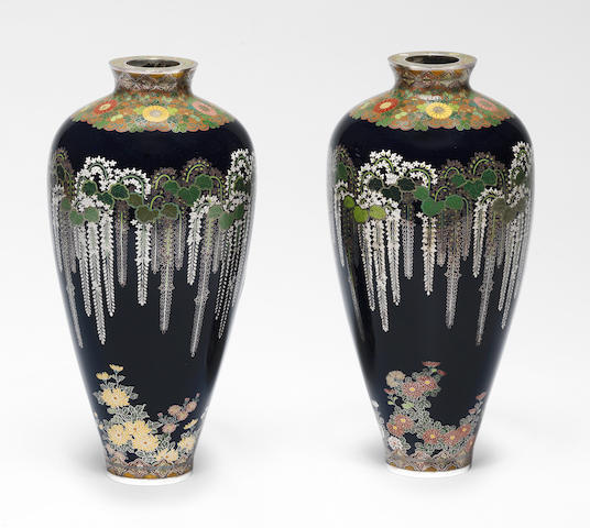 An important and fine pair of matching cloisonn&#233;-enamel ovoid vases  By Namikawa Yasuyuki (1845-1927), circa 1897 (4)