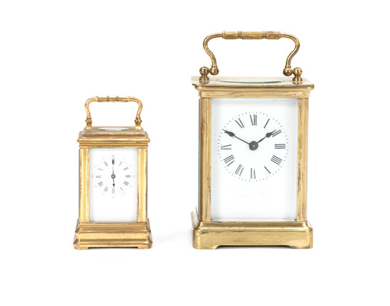 An early 20th century French brass carriage timepiece and another miniature similar timepiece  (2) image 1
