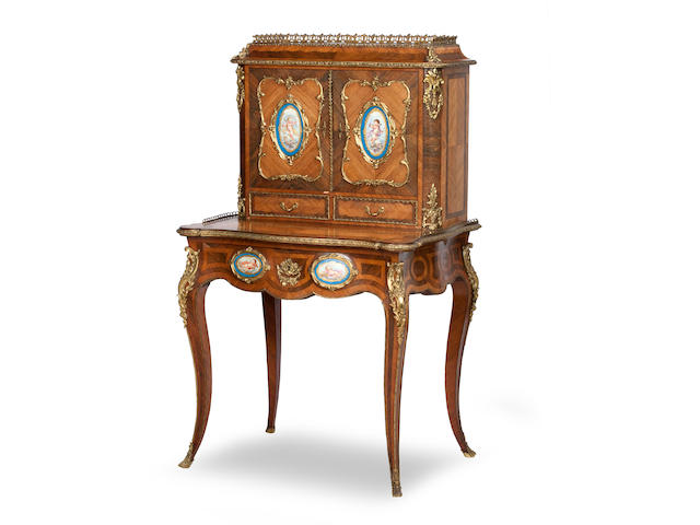 A 19th century French kingwood, rosewood and porcelain mounted bonheur du jour