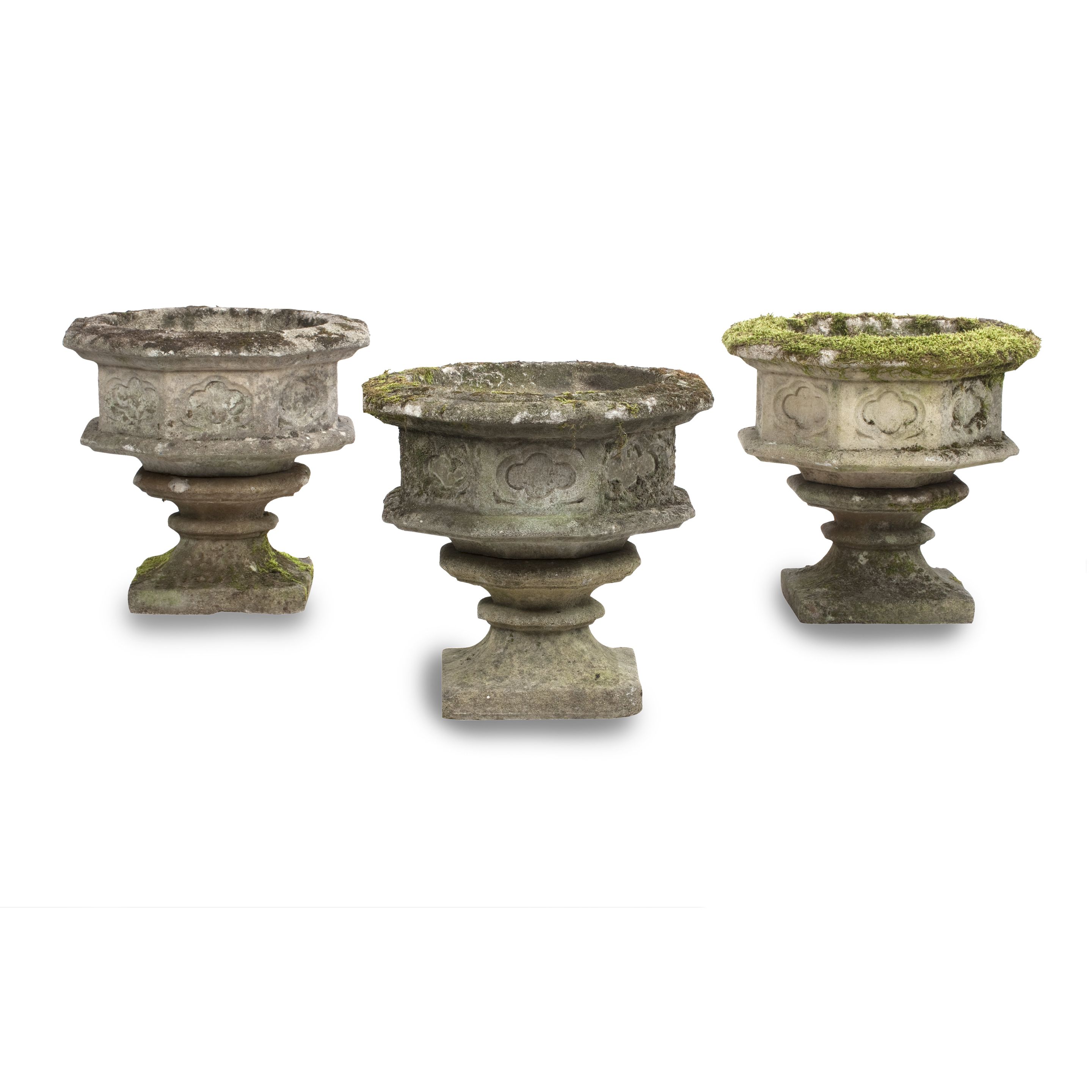 Three composition garden urns