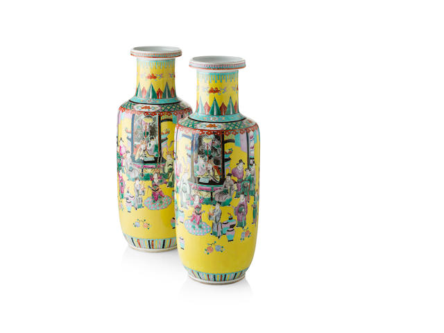A pair of Straits porcelain rouleau vases Circa 1900