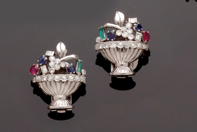A pair of diamond and vari gem-set earclips image 2
