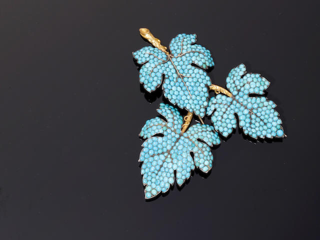 A matched suite of mid 19th century turquoise set ivy leaf shaped jewellery