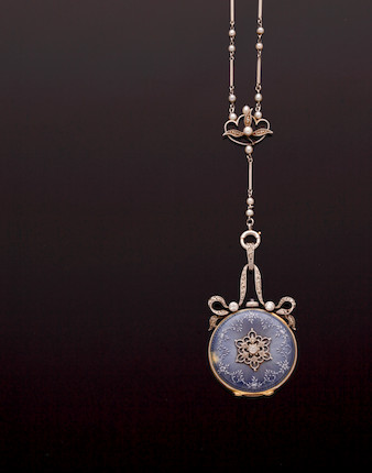 An enamel and diamond set pendant watch and a seed pearl set chain image 1
