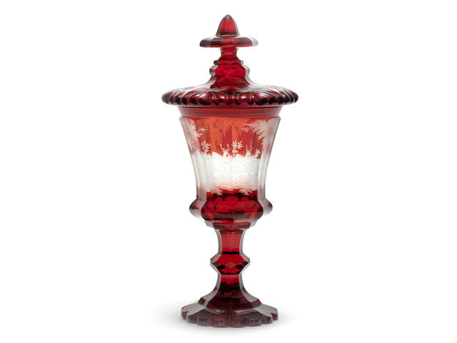 A Bohemian ruby stained goblet and cover, circa 1840-60