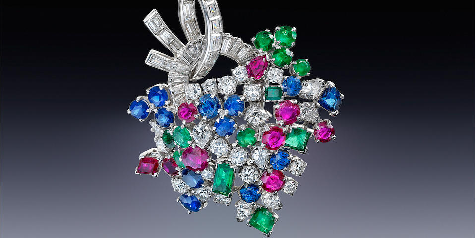 An emerald, ruby, sapphire and diamond clip brooch, by Boucheron,