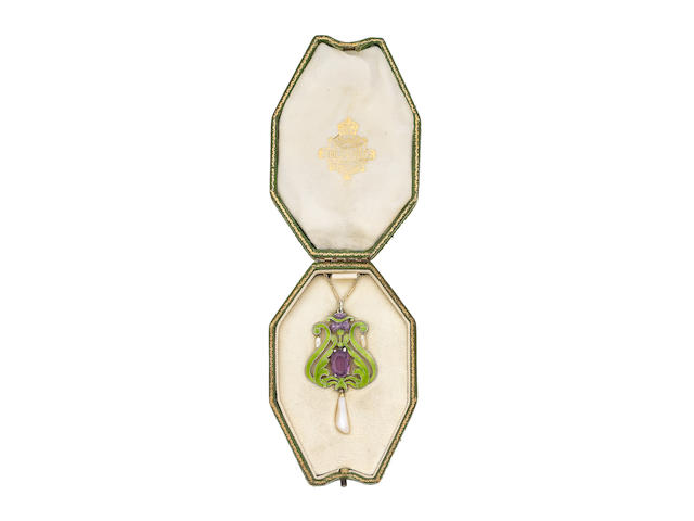 An enamel, pearl and amethyst pendant necklace, by Child & Child,
