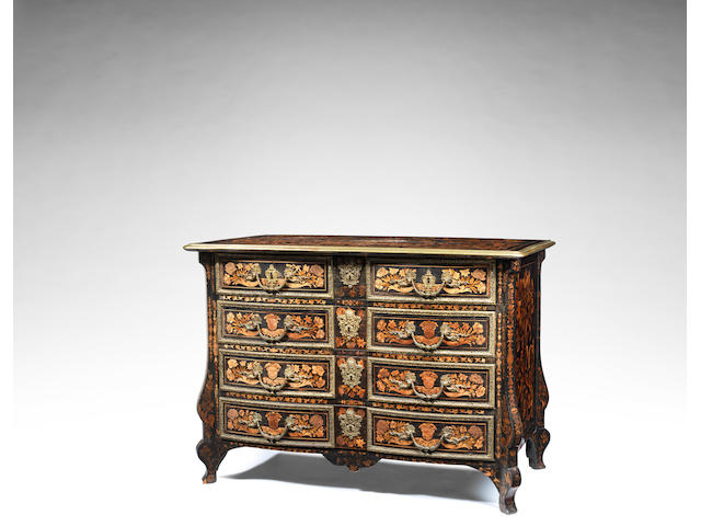A Louis XIV ormolu-mounted ebony, fruitwood and marquetry commode, possibly by Aubertin Gaudron or Andr&#233;-Charles Boulle