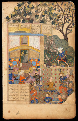 An illustrated leaf from a dispersed manuscript of Firdausi's Shahnama depicting Afrasiyab about to cut off the head of Nawdhar Persia, 16th Century