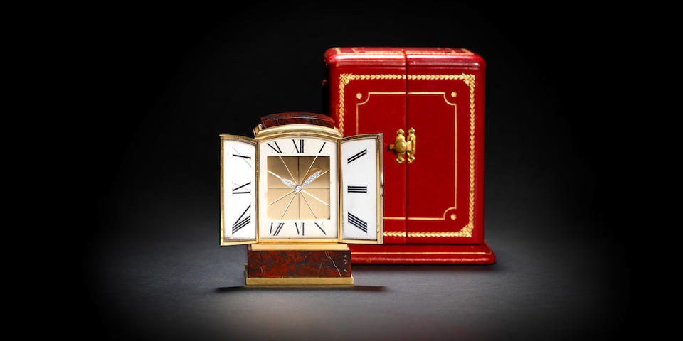 A fine mid 20th century gold, platinum and diamond mounted hardstone desk timepiece, in original fitted case Cartier, number 02278