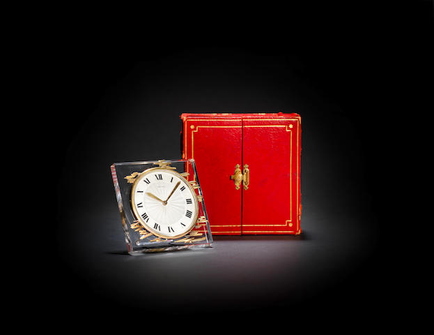 A rare mid 20th century gilt mounted rock crystal desk timepiece in original fitted case  Cartier, number 01004 01973