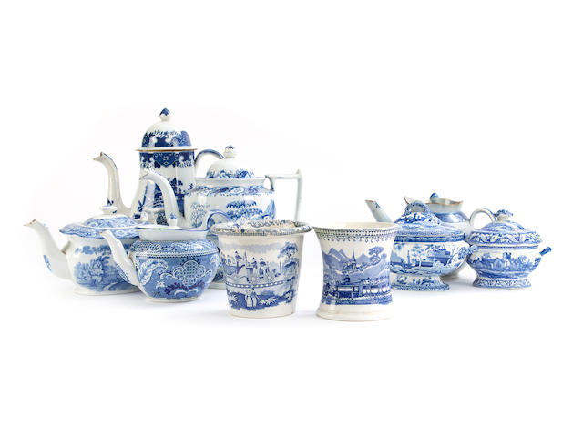 A Godwin blue and white printed earthenware mug and a jardiniere, both of railway interest, and other blue and white printed earthenwares, circa 1810-40
