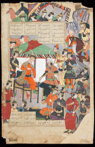 An illustrated leaf from a manuscript of Firdausi's Shahnama, depicting Hojir before Sohrab at an encampment surrounded by their troops Persia, 17th Century(3)