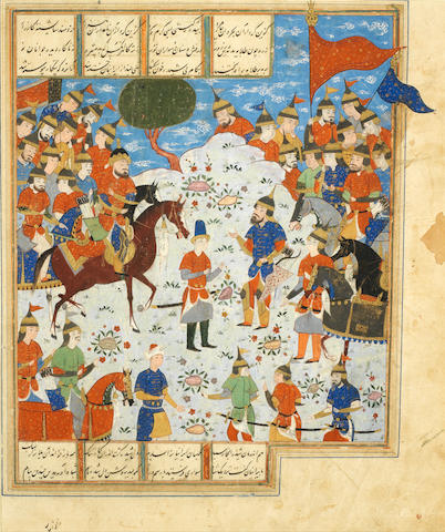 A large illustrated leaf from a dispersed manuscript of Firdausi's Shahnama, depicting the armies of Shida, son of Piran and of Kay Khusrau, meeting in the Khwarazm Desert Persia, probably Shiraz, circa 1550