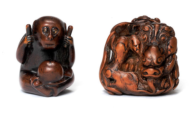 Two wood netsuke One by Masayoshi and the other after Kano Tomokazu, 19th century (2)