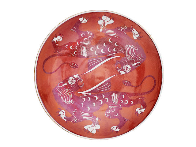 Charles Passenger for William De Morgan a Large Ruby Lustre Charger with Winged Beasts, circa 1880