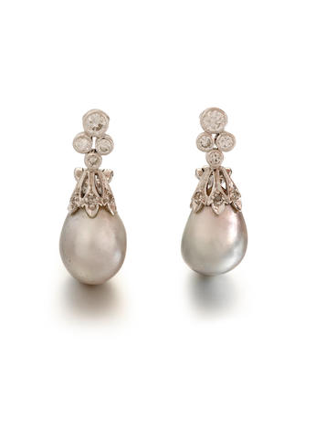 Bonhams : A pair of natural pearl and diamond earclips