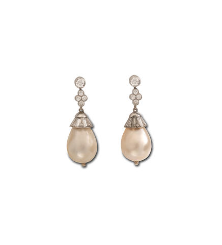 Bonhams : A pair of natural pearl and diamond earrings,